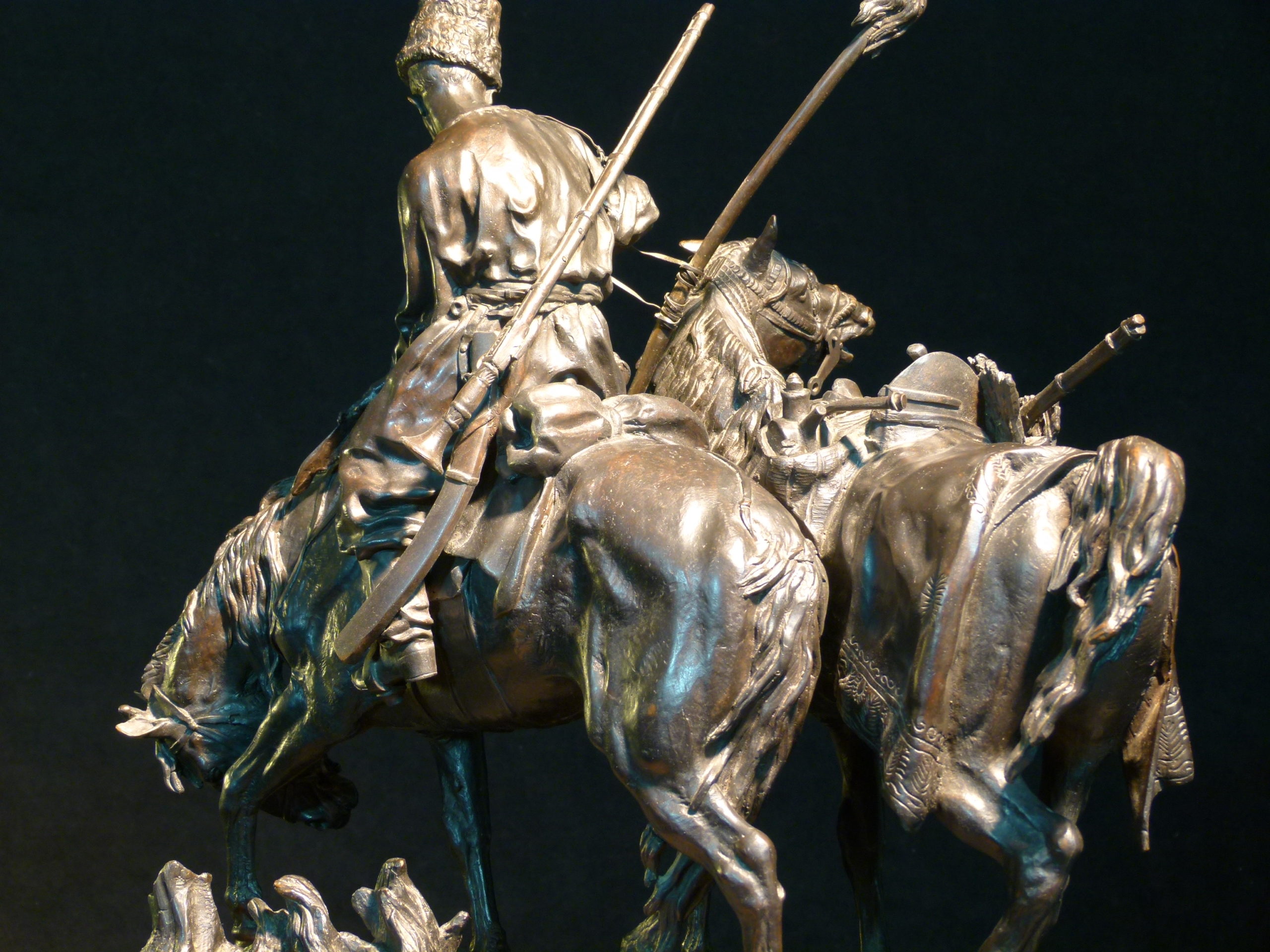 Kosaken - Trophäe-Pferd-türkischer-Krieg-Lanzenstrahl-Bronze-Statue-Russland-Shtange