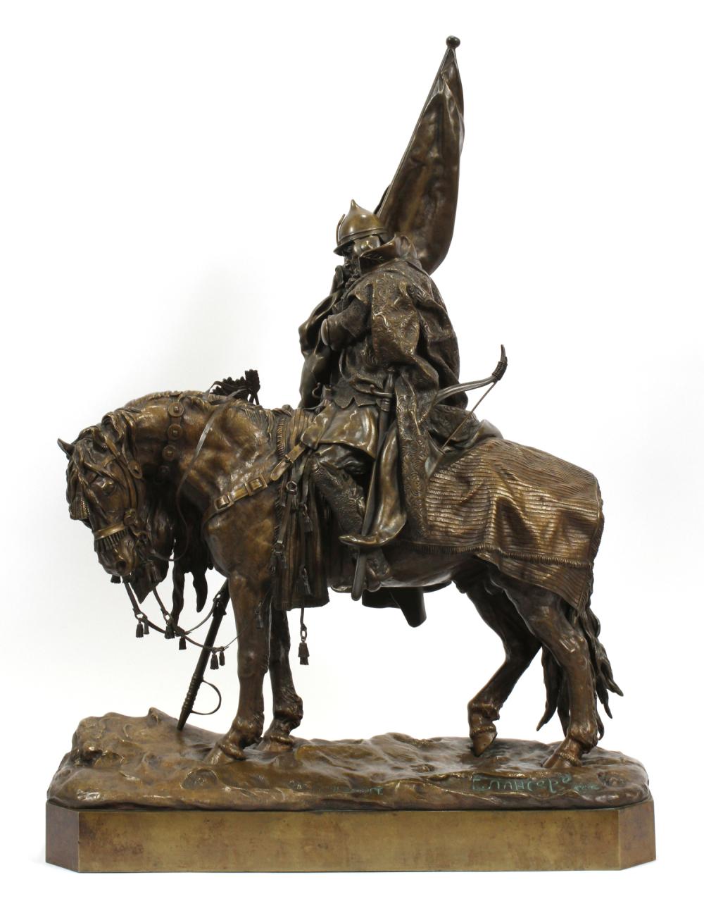 cossack - russian-bronze-warrior-lanceray-fatigué-banner-horse